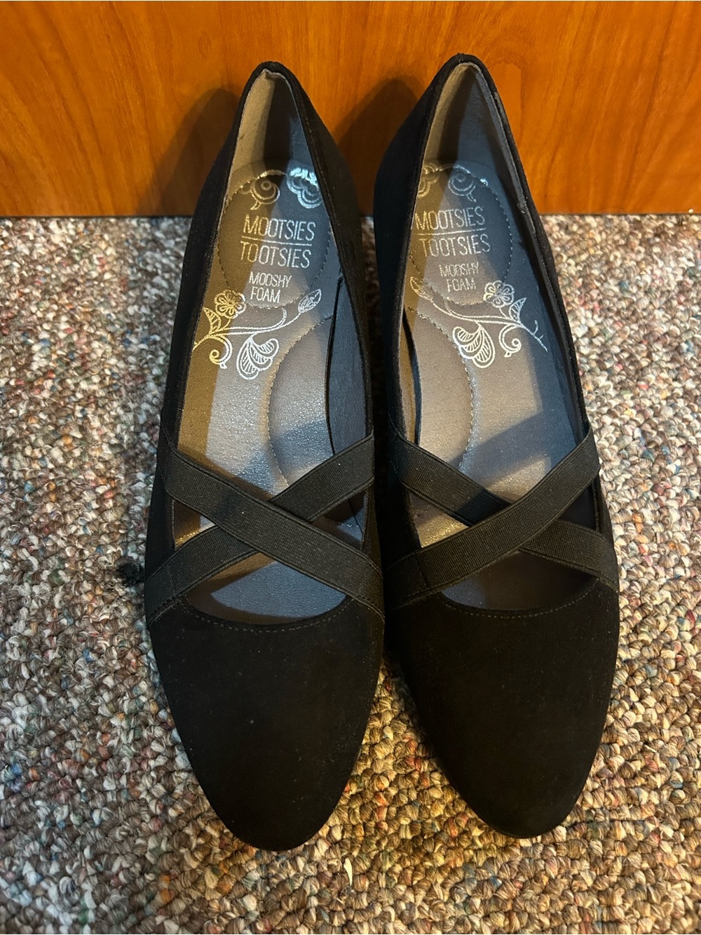 Mootsies Tootsies Black Suede Elastic
Crisscross Strap Wedges